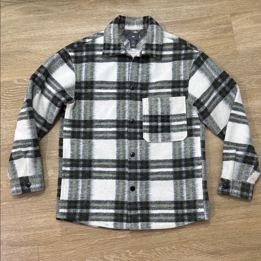 H&M Green White Gray Shacket Button Up Overshirt Jacket Size Small